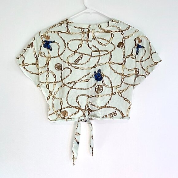 GUESS Dolly Bow Tee / All Over Print T-Shirt Chain Butterfly Tie Knot Crop Top - Picture 9 of 12